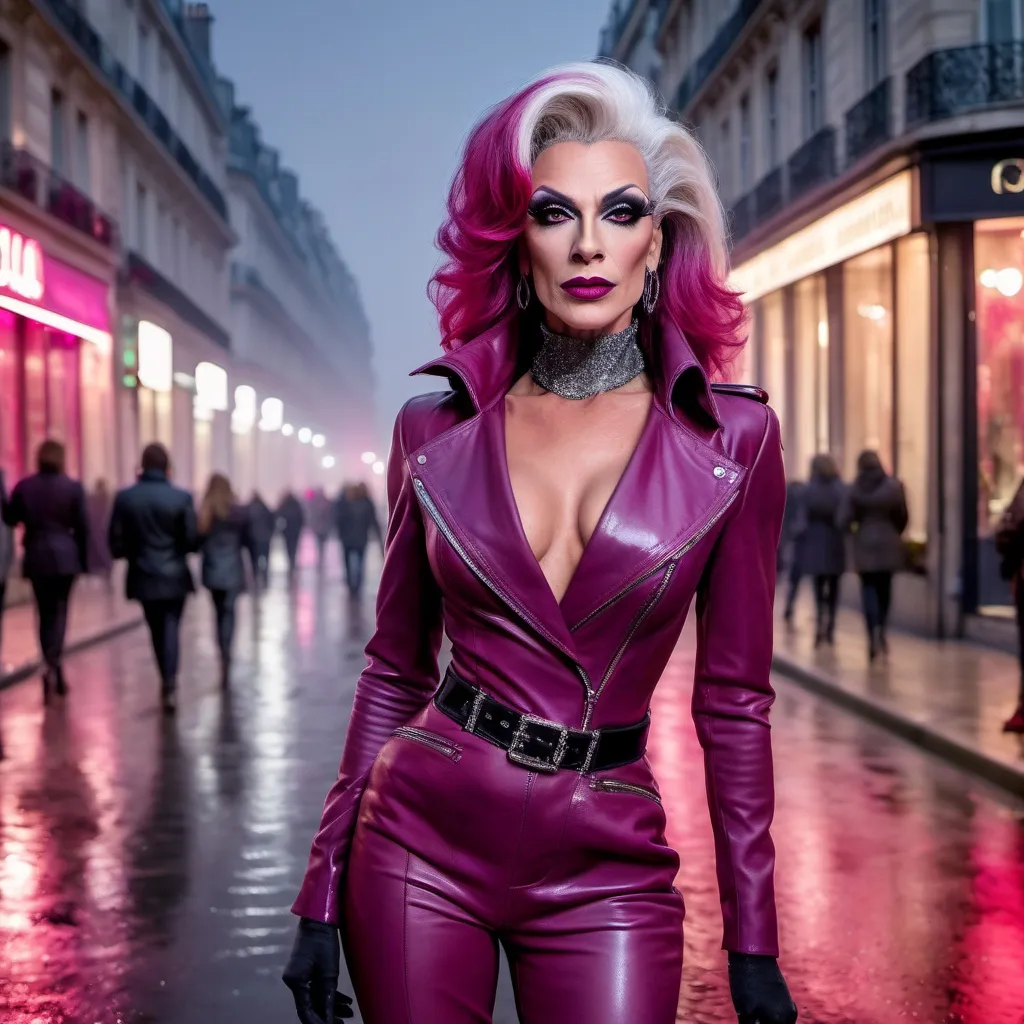 Prompt: Mysterious, Tall, gorgeous, muscular, 45-year-old French drag queen with salt & pepper stylish hair, dark eyeshadow,  and dark red lipstick, wearing a beautiful magenta outfit and 8 inch stiletto red thigh-high stiletto high heel boots, walking the streets of Paris on a foggy evening.