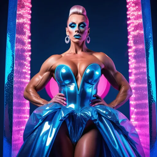 Prompt: A gorgeous muscular 25-year-old Polish drag queen bodybuilder with huge busom wearing a gorgeous shiny gown in another chalcedony balletcore haute couture fashion shoot that is dripping with bright colored lights, carbonated themed, in the style of y2k aesthetic, YlnMn blue, psychedelic surreal minimalism, i can't believe how beautiful this is, snapshot aesthetic, luminous skies, mirrored, Fuji film eterna vivid, Zeiss lens, Canon EOS R7 