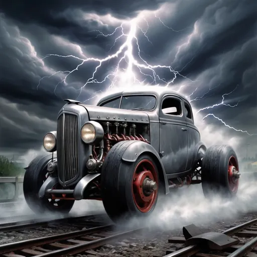 Prompt: Through boiling clouds of thunder
Blasting bolts of steel
Evils going under deadly wheels