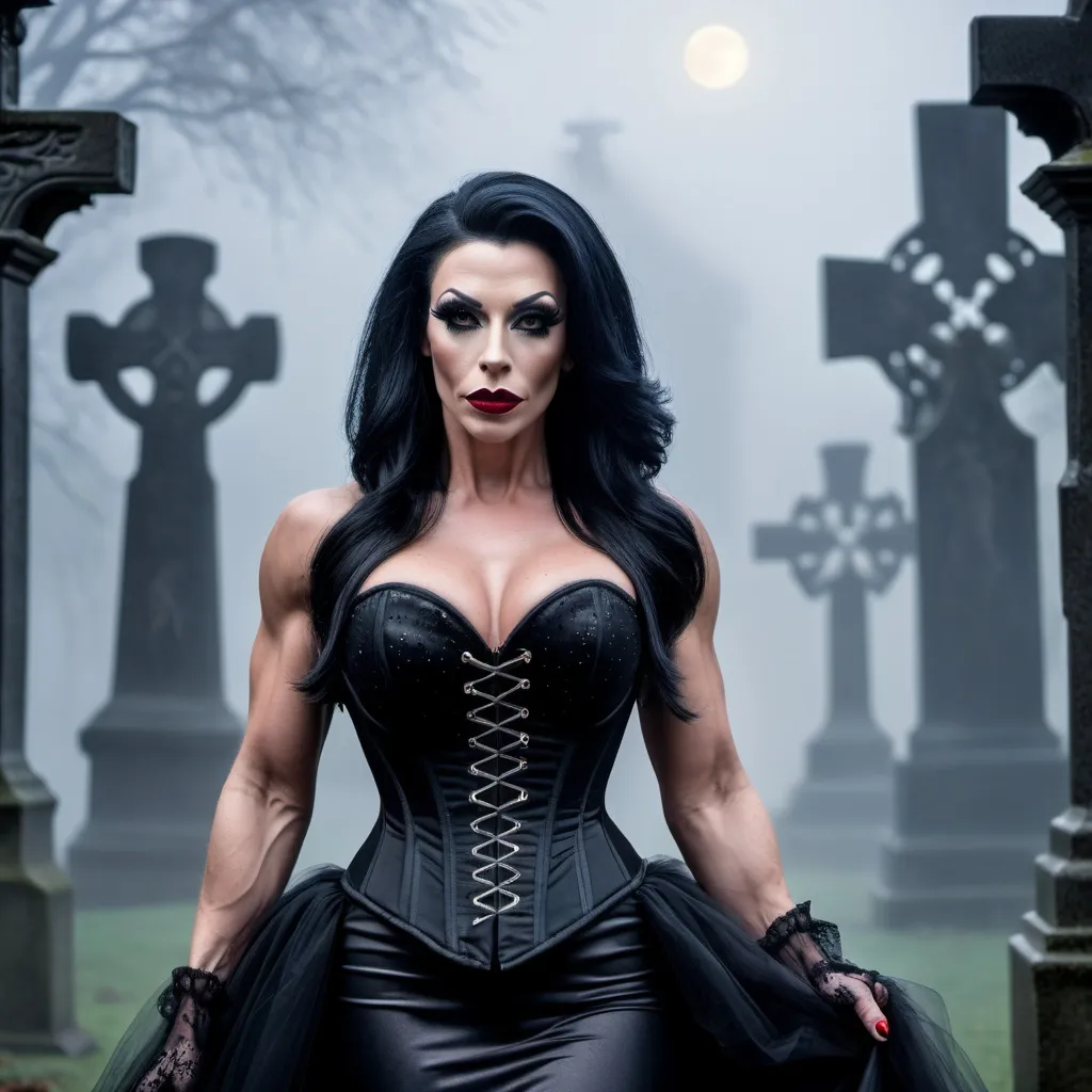 Prompt: A gorgeous muscular 35-year-old British drag queen bodybuilder with jet-black hair and crimson lips, dressed in a corset-style black gown, walking through a misty, moonlit graveyard.