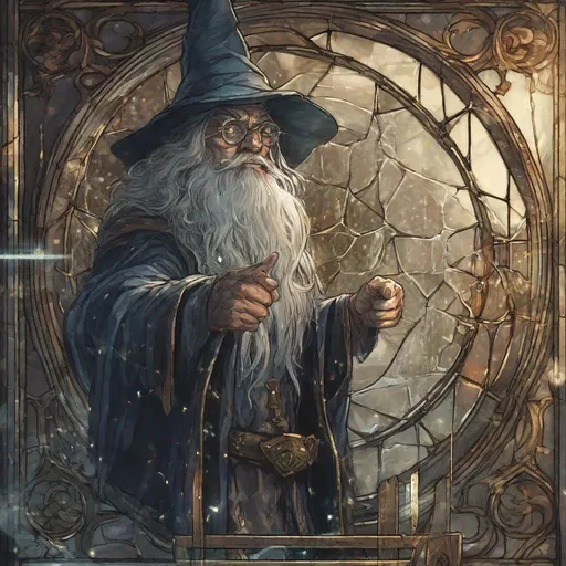 Prompt: here we see the wizard
Staring through the glass
And he's pointing right at you