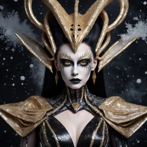 Prompt: Full body, Hyperrealistic gorgeous Czechian drag queenwearing eccentric couture dress made of black, white and gold marble inspired by the xenomorph, with giant dark frost ice crystals on the shoulders decor, looking directly at camera, dark eye makeup, dark lipstick, inspired by Klimt, against dark snow background