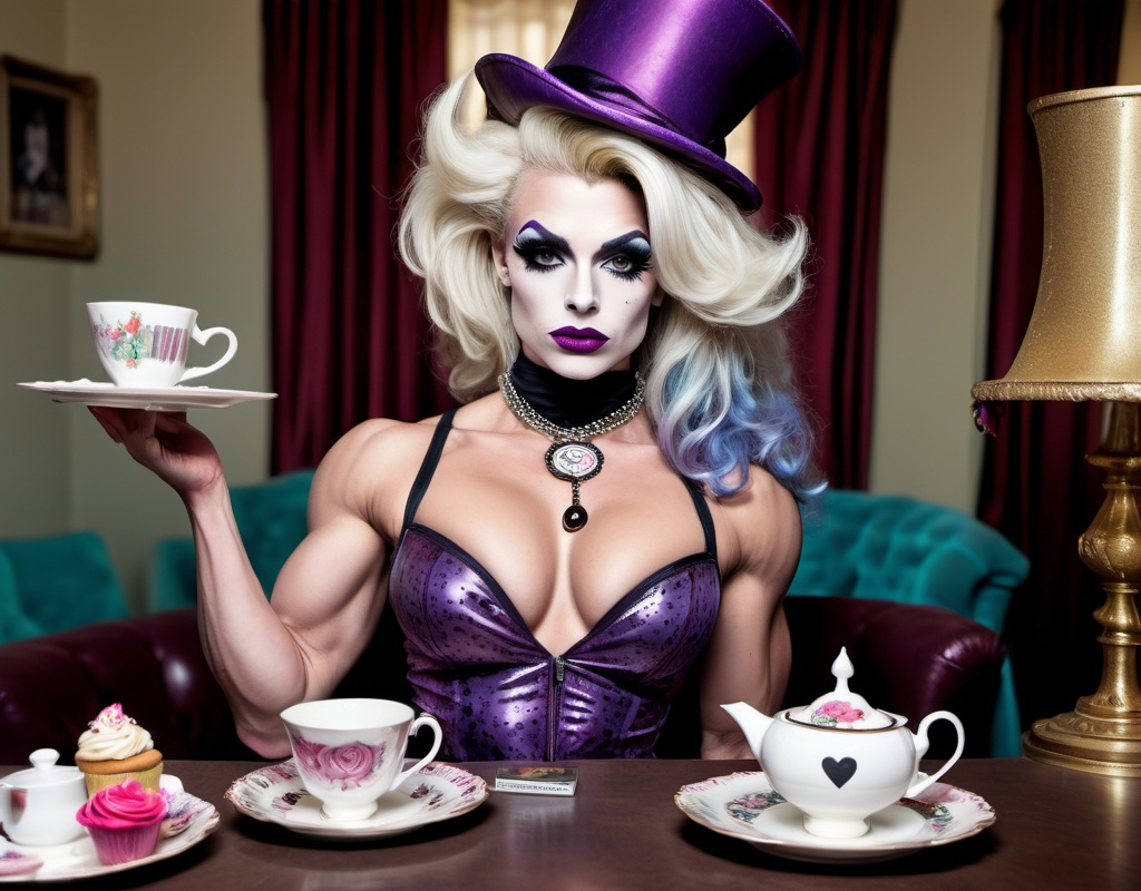 Prompt: If the Mad Hatter was a gorgeous hyper-muscular 25-year-old drag queen bodybuilder with Dark eye makeup and dark lipstick. Wearing 8 inch stiletto high heel shoes. Having a tea party.