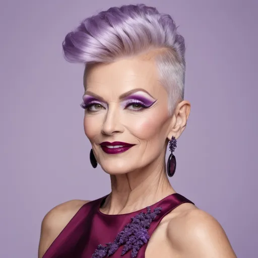 Prompt: side buzzed fade longer updo top cut with a lavender trendy moehawk, hair cut sample, fashion magazine, high focus on trendy hairstyle, gorgeous 60-year-old Finnish drag queen bodybuilder model with thick eyeshadow and dark red lipstick, flirty, confident smile --ar 9:16 --v 6.0