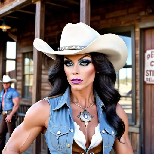 Prompt: Gorgeous muscular 25-year-old drag queen old-west sheriff, (blue eyes), (dark hair), (white hat), (chambray shirt), (suede vest), (star shaped silver badge), (jeans), (8 inch stiletto high heel cowboy boots), (gun belt with holstered silver Colt revolver), walking into a (crowded, dirty saloon), (cinematic atmosphere), (tense mood), (filtered light filtering through dust), (highly detailed), (8K resolution), (photorealistic quality), (dramatic shadows).