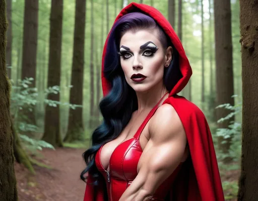 Prompt: If Little Red Riding hood was a gorgeous hyper-muscular 25-year-old drag queen bodybuilder with Dark eye makeup and dark lipstick. Wearing 8 inch stiletto high heel shoes. Walking through the forest towards her grandmother's house.