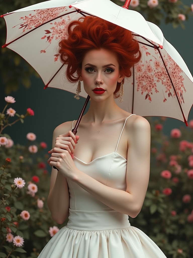 Prompt: A gorgeous ultra-muscular 25-year-old Polish drag queen bodybuilder with dark red updo hair in a white dress holding an umbrella and a flowered umbrella over her head, standing in front of a flowered area, Bian Jingzhao, gothic art, beautiful detailed, a painting