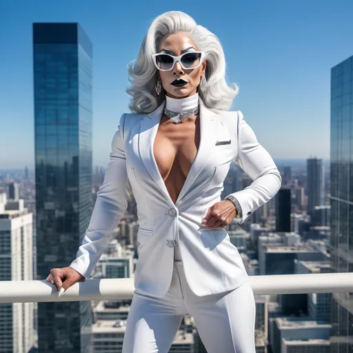 Prompt: full-body pose, drag queen bodybuilder with silver hair, wearing a sleek white business suit and white choker, with sparkling white high heels, black lipstick, confidently standing on a balcony of a high-rise building, white mirrored sunglasses reflecting the bright cityscape below, under a clear blue sky, the sun casting dynamic shadows, creating a modern, powerful vibe, ultra-detailed, high-definition, capturing the essence of urban professionalism and ambition.