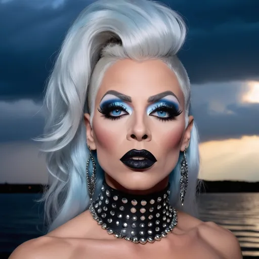 Prompt: Emo 35-year-old drag queen, muscular 
physique, black lipstick, black eyeliner, long eyelashes, blue eyes, studded choker, big lips, long nose, bare shoulders, stormy sky. Masterpiece, perfect face, beautiful, vivid colors, photorealism, portrait