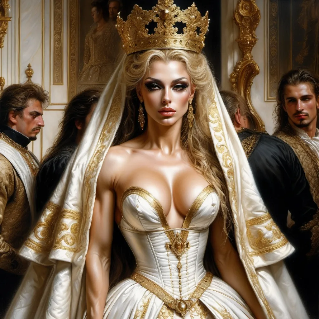 Prompt: Hyper-realistic painting by Serge Marshennikov, Luis Royo, Karol Bak:: elegant and distinguished gorgeous ultra-muscular 25-year-old Czechian drag queen bodybuilder, wearing a Elizabethan queenly white dress with gold trim, and a gold queen, she is walking through the Elizabethan throne room as everyone looks on in envy:: 8k resolution, incredible details, a masterpiece, photorealistic