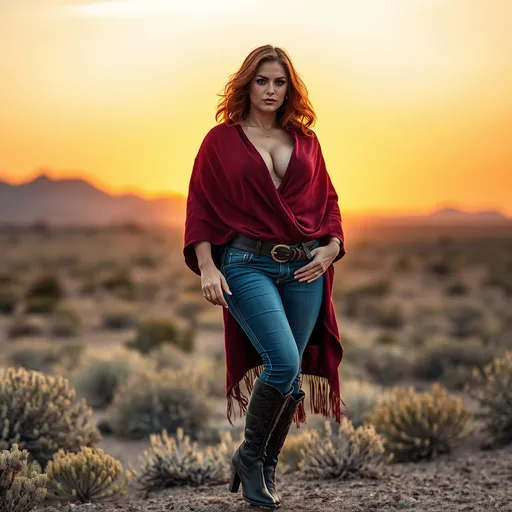 Prompt: Gorgeous ultra-muscular 25-year-old Wild West drag queen bodybuilder, (soft features), (wavy shoulder-length auburn hair), wearing a (dark red wrap-around poncho), (8 inch stiletto high heel boots) and (blue jeans), set against a sunset-drenched desert landscape with sagebrush and distant mountains, a warm golden hue in the sky, (dramatic silhouettes), (vibrant colors), (4K), capturing a serene yet adventurous spirit that embodies the essence of the Wild West.