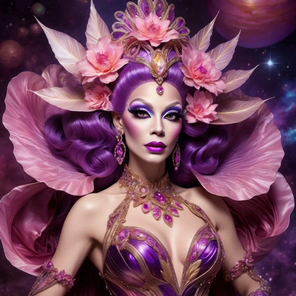 Prompt: The most beautiful drag queen on Venus wearing the traditional Venusian dress.