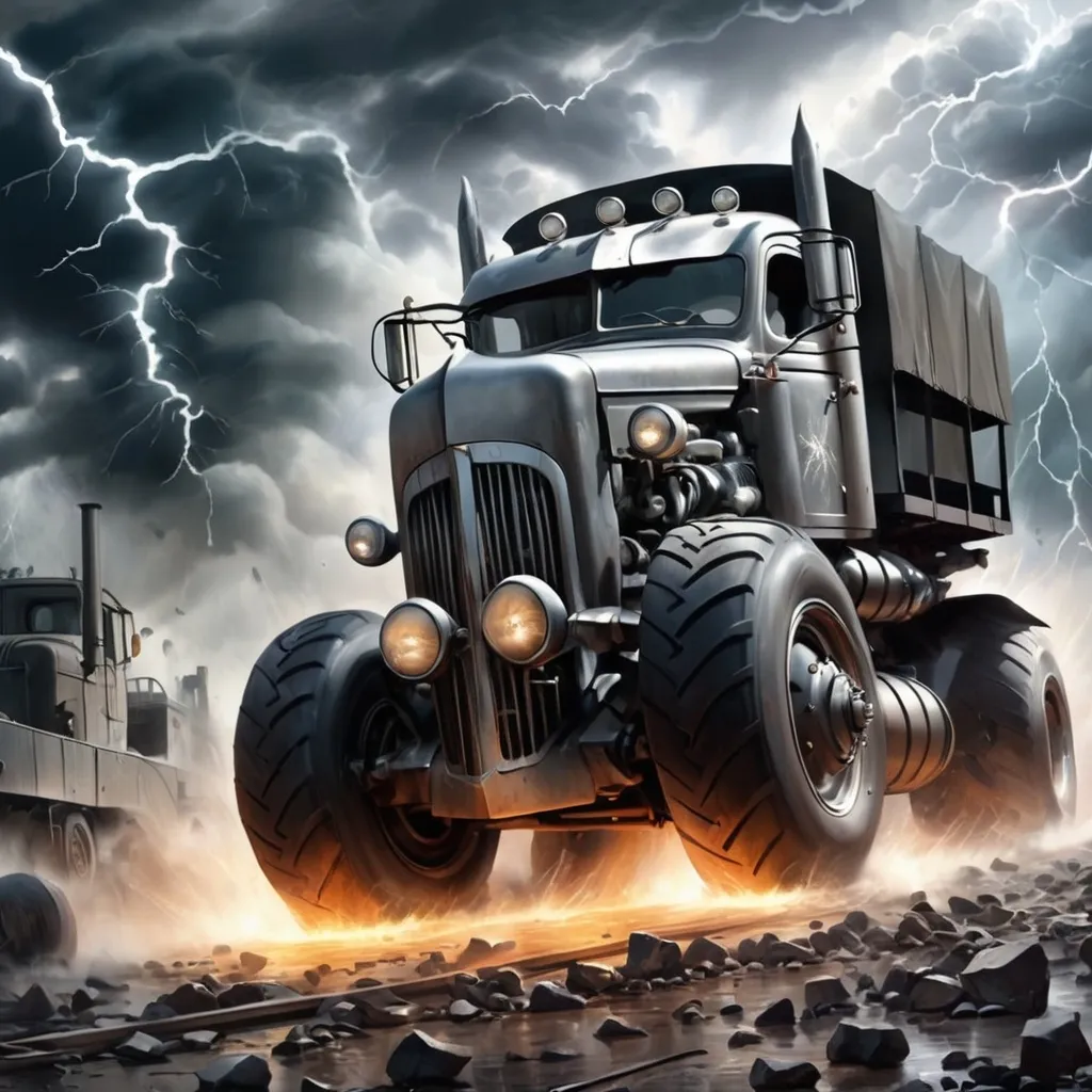 Prompt: Through boiling clouds of thunder
Blasting bolts of steel
Evils going under deadly wheels