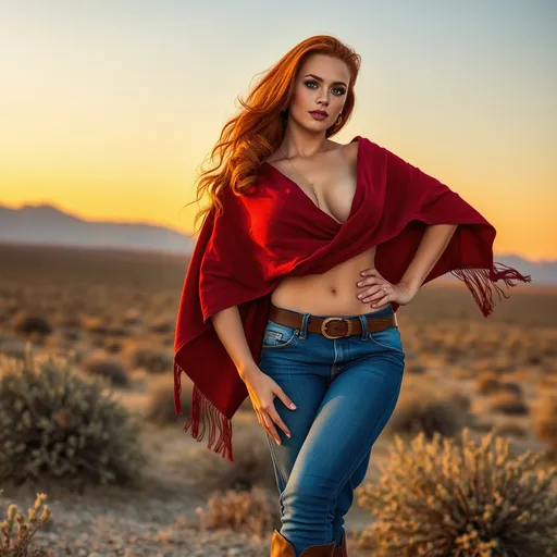 Prompt: Gorgeous ultra-muscular 25-year-old Wild West drag queen bodybuilder, (soft features), (wavy shoulder-length auburn hair), wearing a (dark red wrap-around poncho), (8 inch stiletto high heel boots) and (blue jeans), set against a sunset-drenched desert landscape with sagebrush and distant mountains, a warm golden hue in the sky, (dramatic silhouettes), (vibrant colors), (4K), capturing a serene yet adventurous spirit that embodies the essence of the Wild West.