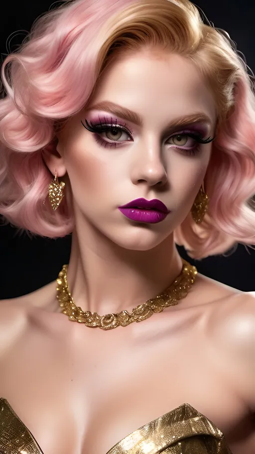 Prompt: a gorgeous ultra-muscular 18-year-old Slovakian drag queen bodybuilder with short pink wavy pixie hair and a gold dimante dress is posing for a p, Chica Macnab, neoclassicism, full round face, dark eye makeup,  dark lipstick, bow earrings with diamond necklace and glossy lips