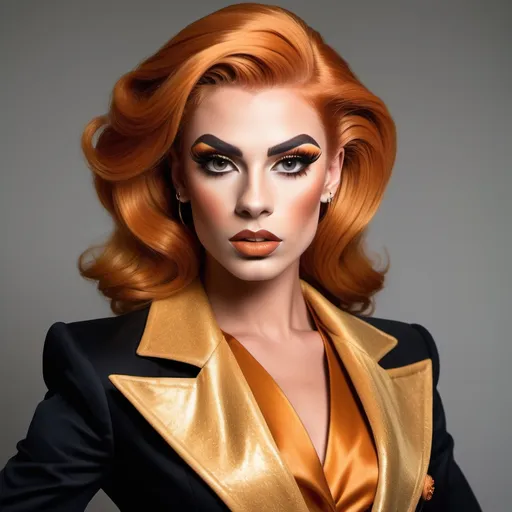 Prompt: "A gorgeous muscular 18-year-old Austrian drag queen with striking orange hair and brown eyes that shimmer with a golden hue. She has a sharp, regal face (strong masculine jaw and brow) and an air of authority. Known as the 'Golden Dutchess,' she is tall and muscular, exuding confidence and refinement. Dressed in a tailored noble coat with intricate detailing, she stands in a grand hall, her demeanor poised yet guarded, hinting at a troubled past beneath her polished exterior."