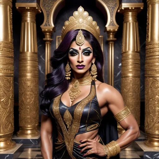 Prompt: A futuristic rendition of Indian royalty, where a gorgeous muscular 35-year-old Pakistani drag queen bodybuilder (dark eyeshadow,  dark lipstick,  heavy mascara) is dressed in a dazzling outfit featuring traditional Indian elements like rich silk, gold embroidery, and intricate jewelry, but with a high-tech twist. The palace is a blend of old and new, with ancient marble columns adorned with glowing circuit patterns, and holographic elephants walking through the palace courtyard. The scene is bathed in soft, ethereal light, creating a majestic atmosphere