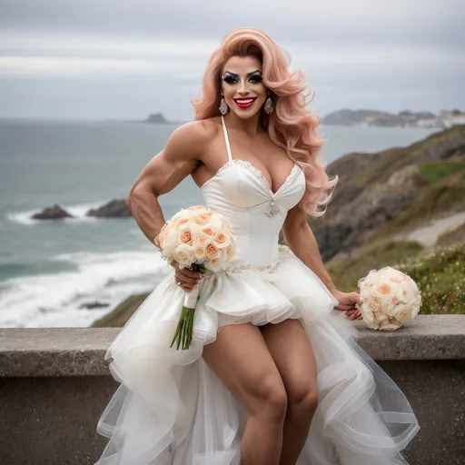 Prompt: Cute and glamorous 25-year-old Portuguese drag queen bodybuilder, very beautiful,
Photoshoot wearing mini wedding dress, garter belt, and stiletto high heels
Smiling expression
Outfit that emphasizes glamorous body
Big busom
Holding a small bouquet in one hand.
Photoshoot on a windy seaside hill.
Skirt and veil blowing in the wind
Sitting on a bench
Thighs visible
Wearing a garter belt
splash art, hyper detailed, ultra realistic, highly detailed, surreal heavy mist, AI defined exquisitely beautiful, totally ultra realistic young adult Korean, gorgeously detailed facial features, sumptuous cleavage, perfect body proportions, ultra pale, ultra glamorous, perfect shading, impeccable contrast, HDR, UHD, high res, 64k