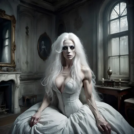 Prompt: Single image: A gorgeous dreamy ghostly ultra-muscular 35-year-old French drag queen bodybuilder with ridiculously long flowing ghostly white hair remains alone and eternally sad in her haunted Victorian Old mansion waiting for her long lost love to return art by Daria Endresen, John Reuss, Lin Fengmian, Robert Ryman, Elger Esser, Rimel Neffati. 3d, watercolors and ink, beautiful, fantastic view, extremely detailed, intricate, best quality, highest definition, zoomed in, hyper-muscular, muscles