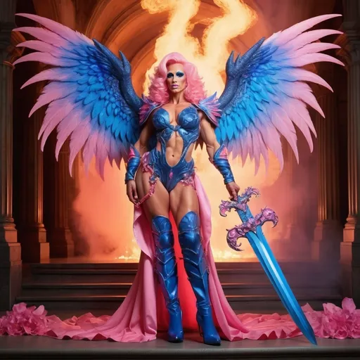 Prompt: A gorgeous,  muscular, 35-year-old European drag queen bodybuilder with a sword and large beautiful angel wings of pink fire. She has auras of: dragons, pink petals, blue flowers, and pink thunders. Her feet are beautifully arrayed in blue thigh high boots.