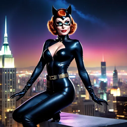 Prompt: Lois Griffin dressed as a 25-year-old gorgeous drag queen Catwoman posing on the ledge of a building, high above Gotham.