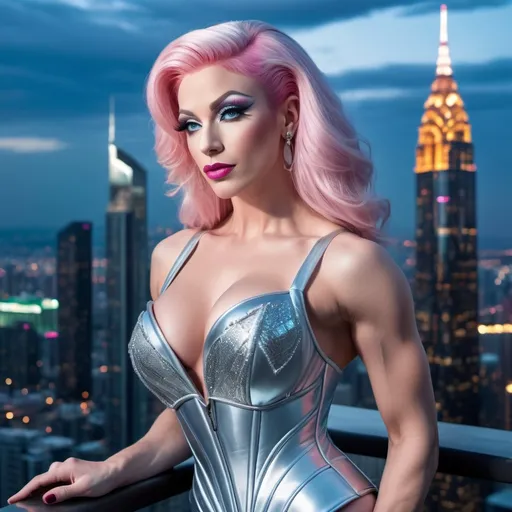 Prompt: Delicate gorgeous ultra-muscular, 25 years old pink haired drag queen bodybuilder overlooking city from balcony, photorealism, silver corset and skirt, ice blue eyes, pale skin, heart-shaped face, metropolitan nightscape, skyscrapers, highly detailed, 8k photo, photorealistic, delicate beauty, intricate details, city lights, atmospheric lighting