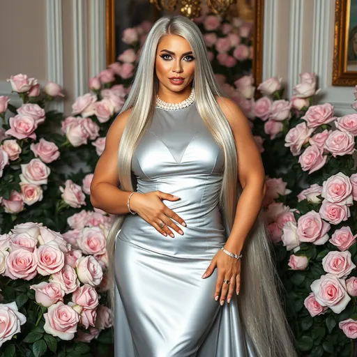 Prompt: Gorgeous ultra-muscular 25-year-old Finnish drag queen bodybuilder with long shiny straight silver hair, full lips, luxurious designer silver gown with a high neckline(showing no cleavage), 8 inch stiletto high heel shoes with pearl necklace, diamond rings and brackets. Posing in a room full of roses.