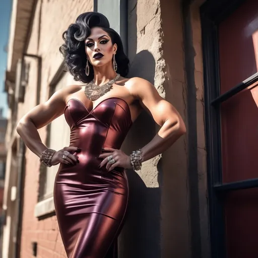 Prompt: digital painting of a tall gorgeous muscular 25-year-old French drag queen bodybuilder with big busom, dark eyeshadow, dark lipstick ( in light dark red dress   ,bracelet , necklace, 8 inch stiletto heels) bangs hair , leaning against the wall in modeling pose(low angle shot) outside on a sunlit street, (daylight streaming softly onto her skin), natural lighting, dark colors, crisp details, (old buildings with rustic walls , emphasize the drag queen's outfit ), high resolution, 4K, emphasizing the warmth of the sun and the comfort of the scene, ultra-detailed elements creating a lively outdoor atmosphere.,ultra detailed face features 