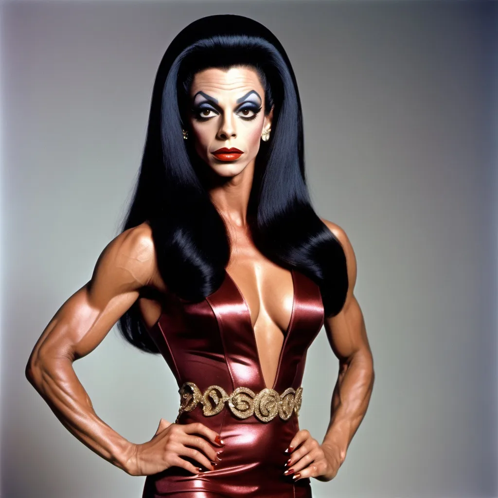 Prompt: Don knotts dressed as a Gorgeous ultra-muscular 25-year-old drag queen bodybuilder with very long straight shiny black hair wearing a gaudy Gianni Versace designed dress and 8 inch stiletto high heel shoes, with smoky eye shadow and mascara and dark red lipstick.