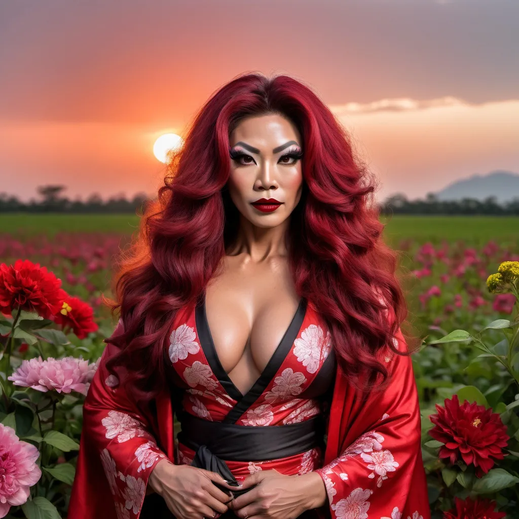Prompt: A gorgeous muscular 35-year-old Thai drag queen bodybuilder with long curly dark red hair, dark eyeshadow, dark lipstick, 
and big busom wearing a red kimono in a field of flowers at sunset.