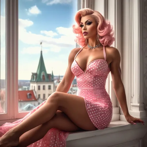 Prompt: Ultra-realistic 8k hi-res hd digital detailed photograph of a Gorgeous ultra-muscular 25-year-old tanned Norse goddess bodybuilder with huge busom in a pink polka dot dress sitting on a window sill, beauty art nouveau woman, romanticism photograph, beautiful fantasy painting, elegant cinematic fantasy photography, very beautiful fantasy photography, beautiful fantasy photography, photoreal elegant, fantasy portrait, gorgeous digital photography, elegant lady, retro vintage and romanticism, ( ( konstantin razumov ) ), elegant drag queen, hyper-realistic 