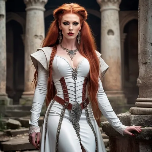 Prompt: realistc, Full body, (Hot red-headed drag queen mistress), long braided red hair, gorgeous strong face (strong masculine jawline and brow features), long white leather medieval fantasy dress, with straps and lace, stunning high heels, dominant stance, looking over shoulder, set between ancient ruins, magical spells shoot  the air