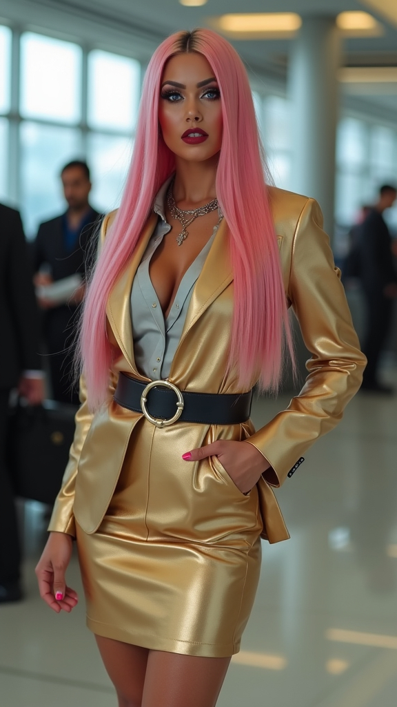 Prompt: Gorgeous ultra-muscular 25-year-old Pakistani drag queen bodybuilder with long straight shiny pink hair, wearing gold blazer, light black blouse, gold pencil skirt, black leather belt and 8 inch stiletto high heel wrap around sandals, darke eyeshadow, darke red lipstick, standing at airport ticket counter, high-res, pro photo, airport setting, sophisticated, blue-eyed, chic outfit, professional, natural lighting, sharp focus, muscular physique, high detail, high quality