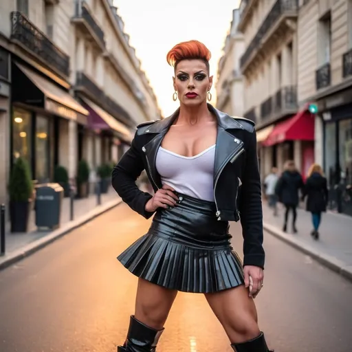 Prompt: Front view of an 27-year-old, muscular, gorgeous French drag queen bodybuilder (very strong masculine jawline and brow features) wearing a pleated mini skirt, coset jacket and 8 inch stiletto high heel calf-high boots. Hanging out on the streets of paris at sunset..