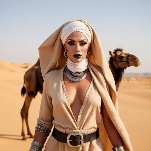 Prompt: A stunningly gorgeous muscular 35-year-old French drag queen with big busom and sun-kissed skin, dressed in a loose beige linen outfit with a leather belt and headscarf. She leads a caravan of camels across the vast desert, her expression confident and bold as the setting sun casts her in a golden glow.