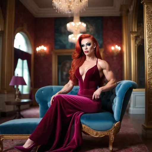 Prompt: A personal portrait of a gorgeous ultra-muscular 25-year-old Finnish drag queen bodybuilder with long swept back red hair, wearing a Betsy Johnson gown and 8 inch stiletto high heel shoes, sitting on a velvet couch, with a blurred backdrop of a grand staircase. Use a Hasselblad camera with a 100mm lens at F 1.2 aperture setting and dreamlike lighting to capture the subject’s beauty and elegance.