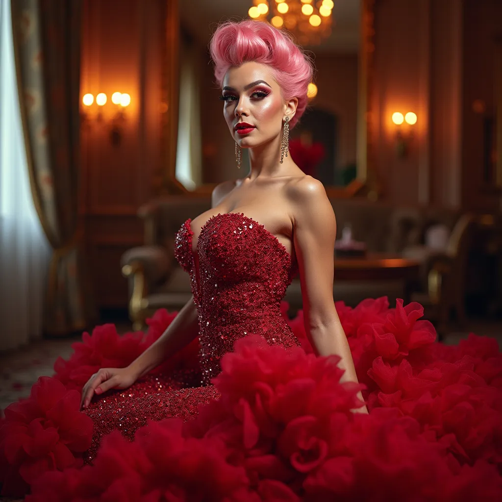 Prompt: A gorgeous ultra-muscular 25-year-old Italian drag queen bodybuilder with short spiky swept over pink hair (in a stunning long shaped Moschino dress), capturing an elegant poise, set against a glamorous backdrop, rich colors blended into a high contrast scene, soft ambient lighting highlighting the dress details, stylish accessories enhancing the royal aesthetic, flowing fabric, luxurious textures, surrounded by a warm and inviting atmosphere, high definition, ultra-detailed, fashion photography.