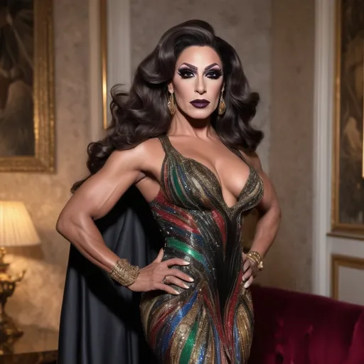 Prompt: Gorgeous muscular 35-year-old Arabic drag queen bodybuilder with long hair, dark eye makeup, dark lipstick, and large busom, wearing (Gucci Sanremo dress), elegant high-fashion design, flowing fabric with intricate draping, lush textures, shimmering elegant fabrics, (vibrant colors), modern and luxurious ambiance, (ultra-detailed), soft diffused lighting to highlight details, stylish accessories, framed by a chic backdrop that enhances the garment's sophistication.