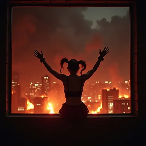 Prompt: Drag queen Harley Quinn perched on a window, hands in the air in triumph, gazing into a fiery cityscape, flames illuminated against a dark sky, dramatic tones, vivid reds and oranges, smoke swirling in the air, high detail, moody atmosphere, urban environment, nighttime, powerful contrast, cinematic lighting, ultra-detailed, surreal and intense emotional vibe.