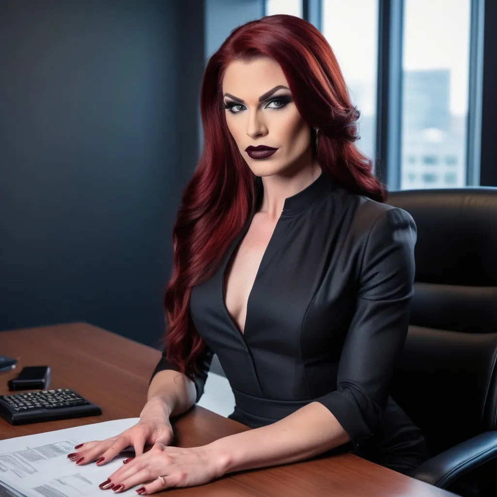 Prompt: Gorgeous, muscular, transwoman (with very strong masculine jawline) with long luscious dark red hair, dark eye makeup,  and dark lipstick wearing a beautiful designer  business dress and heels. Sitting confidently at a desk in an office