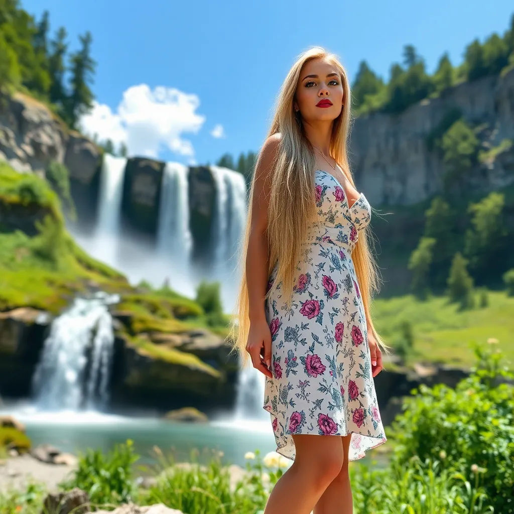 Prompt: Gorgeous ultra-muscular 25-year-old Norwegian drag queen bodybuilder with long straight shiny strawberry-blonde hair is wearing lovely summer dress, dark eyeshadow, heavy mascara, dark red lipstick and 8 inch stiletto high heel shoes is visiting Kjosfossen	Waterfall on a beautiful sunny day, happy atmosphere