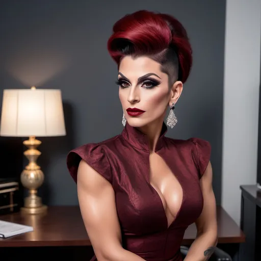 Prompt: A beautiful muscular 35-year-old Turkish drag queen ((masculine jawline and brow features)) with large busom, dark eyeshadow,  heavy mascara,  dark red lipstick,  and long dark red updo hair, wearing a conservative business dress, 8 inch stiletto high heel shoes. She stands in office. Full body.