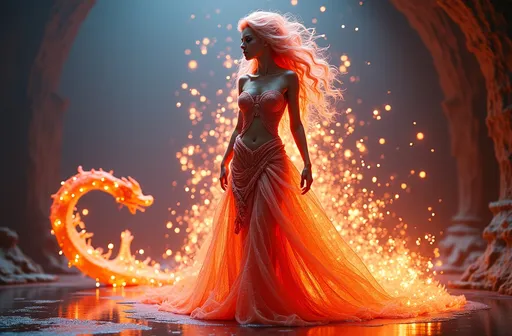 Prompt: HD 4k 3D 8k professional full-length modeling photo hyper realistic gorgeous ultra-muscular 28-year-old Fire and Ice Gypsy Princess of Carpia, ethereal greek goddess, full body surrounded by ambient glow, enchanted, magical, highly detailed, intricate, highly realistic woman, high fantasy background, Romanian dragon woman, elegant, mythical, surreal lighting, majestic, goddesslike aura, Annie Leibovitz style