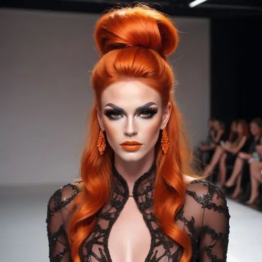 Prompt: Gorgeous statuesque 25-year-old Norwegian drag queen runway model wuth dark orange hair walking the catwalk at a fashion show.