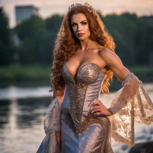 Prompt: Gorgeous ultra-muscular 25-year-old Polish goddess bodybuilder with huge busom and ridiculously long wavy auburn hair wearing 17th century dress, glamour makeup, and 8 inch stiletto high heel shoes standing by the river at dusk.