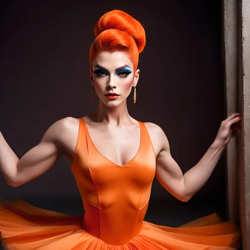 Prompt: (a strong and determined gorgeous drag queen (long updo dark orange hair, strong masculine jawline and brow)), ballet pose, focused expression, vibrant background, bright and uplifting colors, warm and optimistic atmosphere, stylish yet modest clothing (long muscular legs), representing hard work and perseverance, soft lighting enhancing emotions, conveying love, high-quality, ultra-detailed, heartwarming scene.