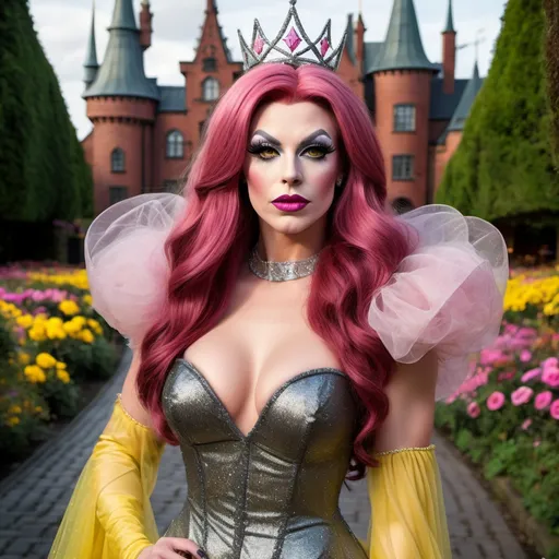 Prompt: Gorgeous ultra-muscular 25-year-old Swedish drag queen bodybuilder with long styled dark pink hair dressed as Glinda the Good witch of the north with a beautiful gown on, dark smokey eyeshadow, 
Heavy mascara,  dark red lipstick posing at the yellow brick road with Oz in the background.