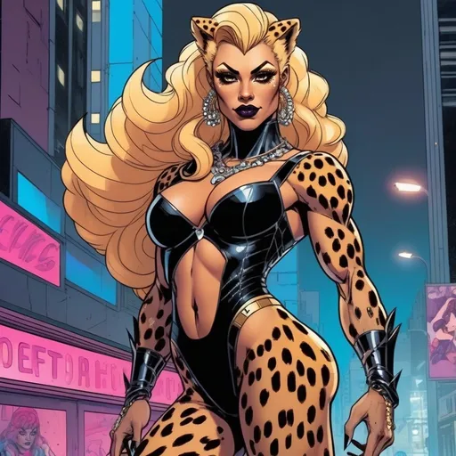 Prompt: Gorgeous muscular cyberpunk drag queen (DC Comics') Cheetah, great legs, crystal high heels,  dark lipstick.
