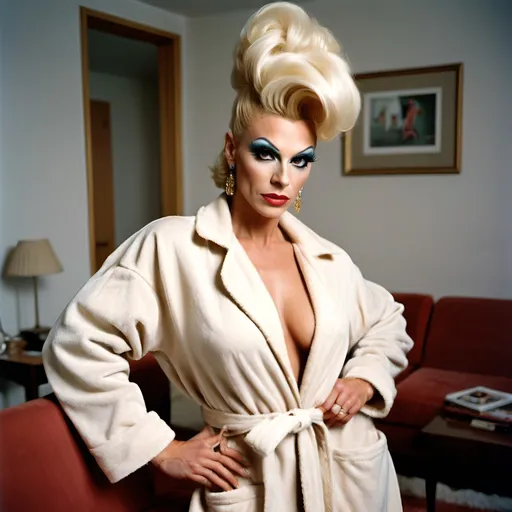 Prompt: A gorgeous muscular 30-year-old Czechian drag queen housewife in the 1990s wearing a house coat. Posing in the living room.