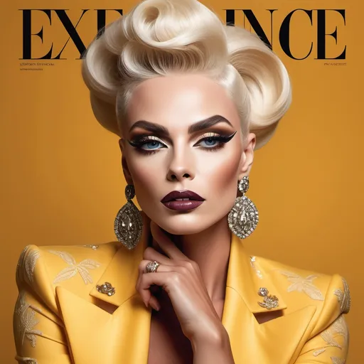 Prompt: A mesmerizing portrait graces the cover of an elite fashion magazine, capturing the essence of high-end sophistication. Set against a sunrise-yellow backdrop, the gorgeous, muscular, Polish, drag queen (masculine jawline and brow facial features), model exudes confidence and allure, adorned in exquisite fashion garments that epitomize elegance and class. This breathtaking image transcends traditional notions of style, embodying an innovative vision of haute couture that pushes the boundaries of modern aesthetics.